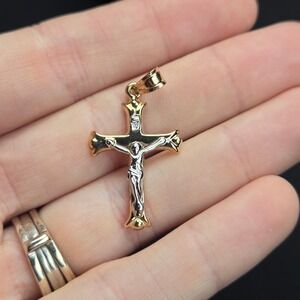 10kt Gold Two‎ Tone Crucifix Jesus Pendant Religious Necklace Charm